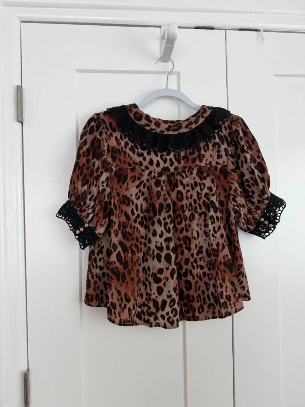 Free People Leopard Print Puff Sleeve Button Front Blouse Black Lace Trim Size S